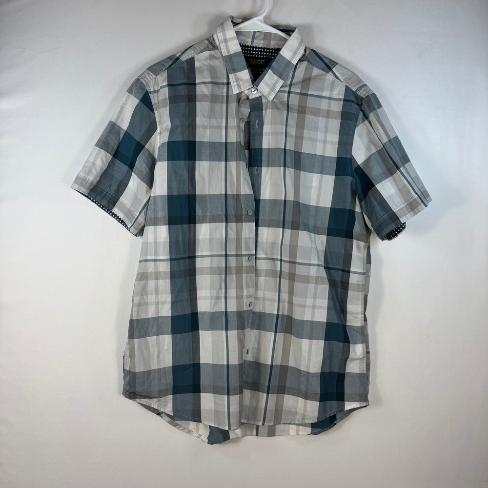 7 Diamonds Premium Mens Teal Dreams Plaid Short Sleeve Button Down Shirt Large